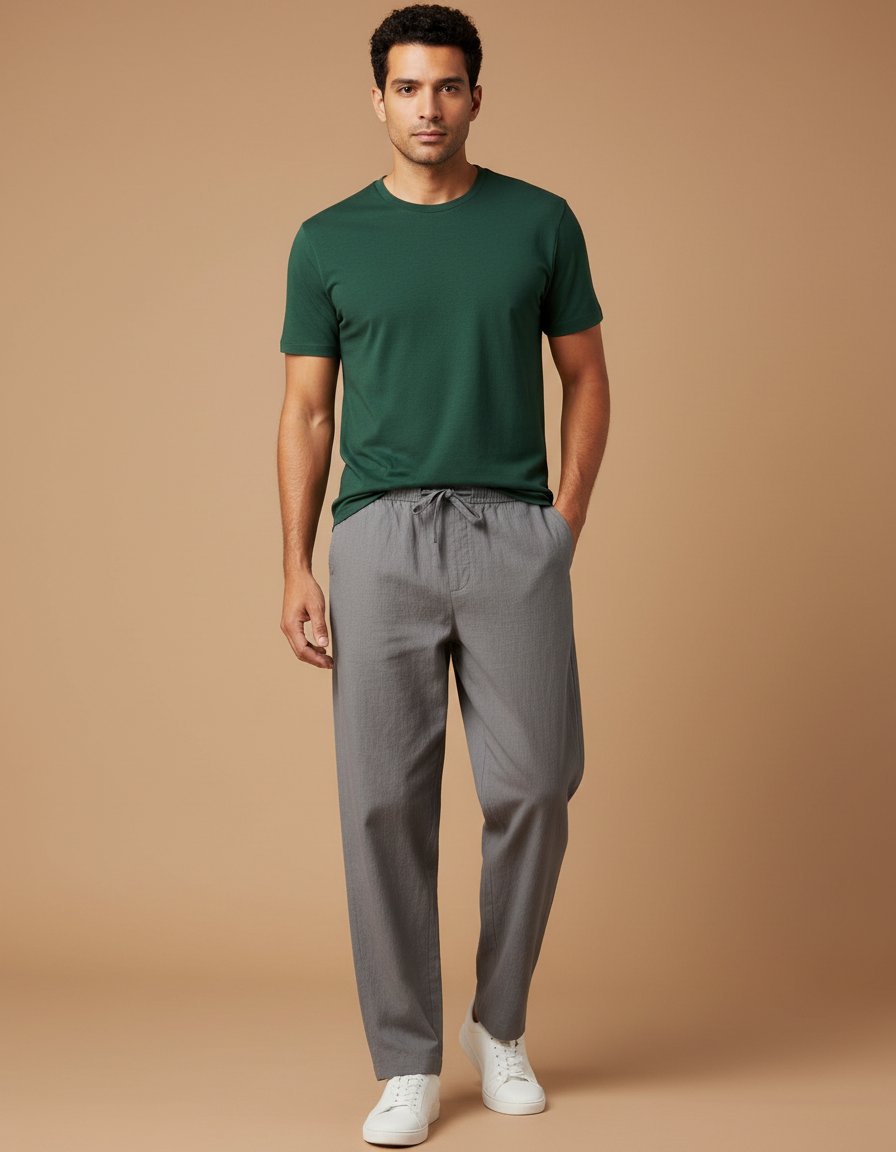 Pantalon Chinois Gris Lin Ample Décontracté Homme