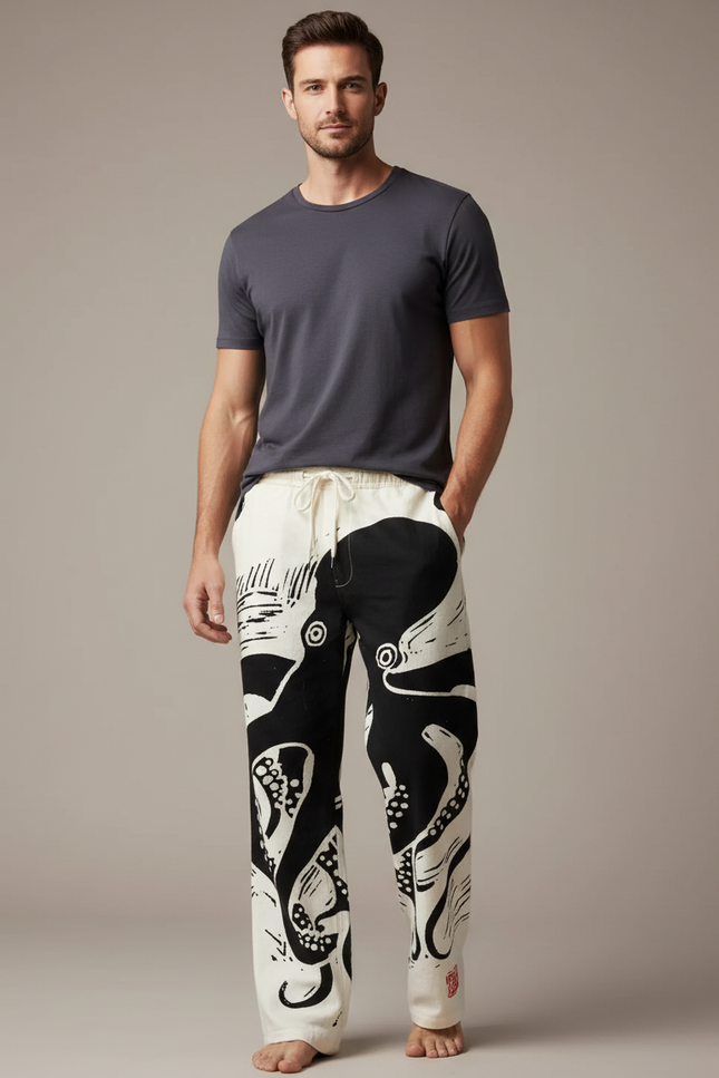 Pantalon Chinois Blanc Noir Ample Octopus Cordon - Imprimé Coton