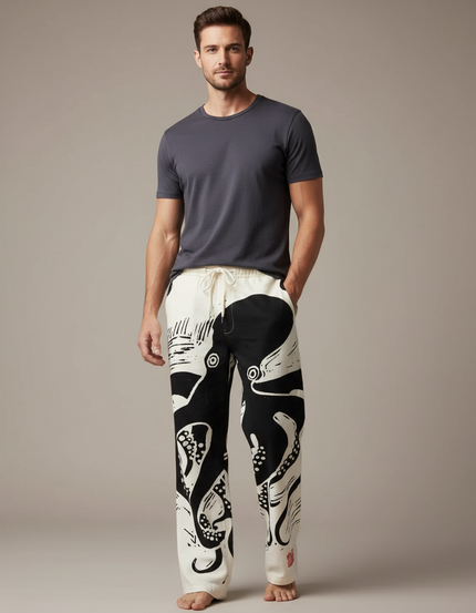 Pantalon Chinois Blanc Noir Ample Octopus Cordon - Imprimé Coton