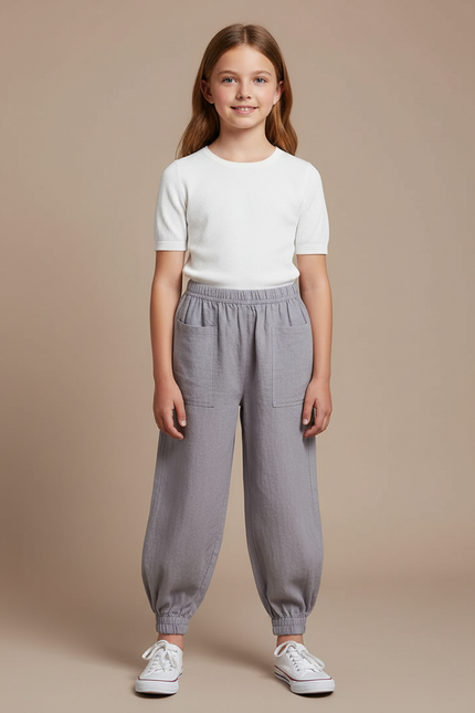 Pantalon Chinois Gris Ample Coton Enfant Décontracté - Lin