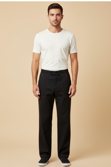 Pantalon Chinois Noir Ample Coutures Rouges Homme - Gabardine