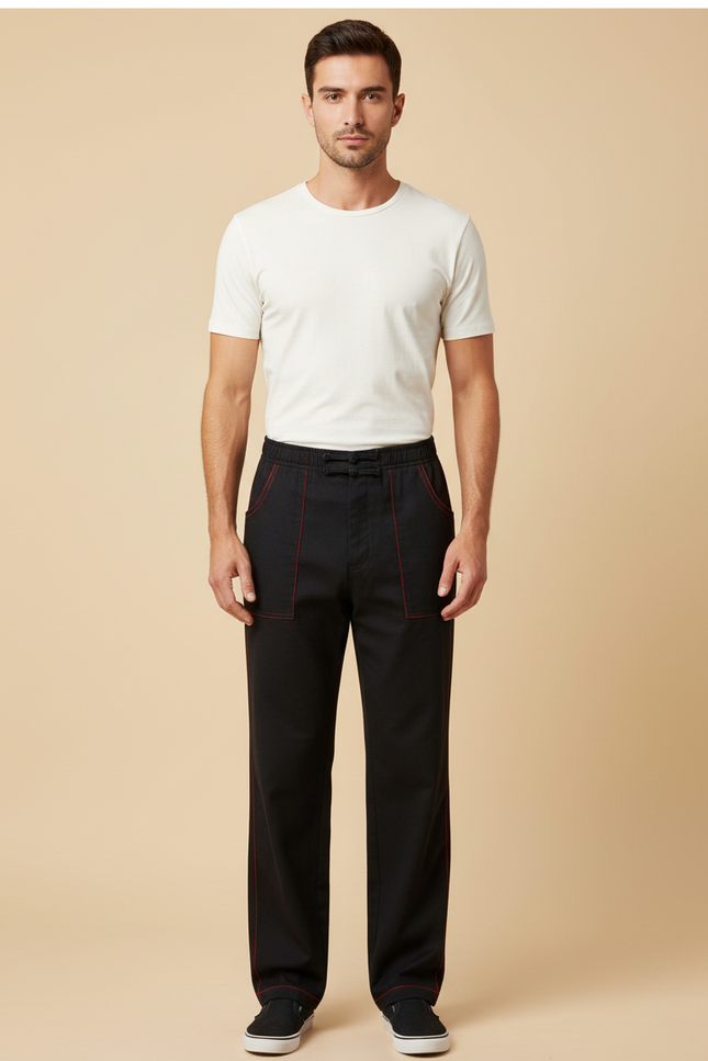 Pantalon Chinois Noir Ample Coutures Rouges Homme - Gabardine
