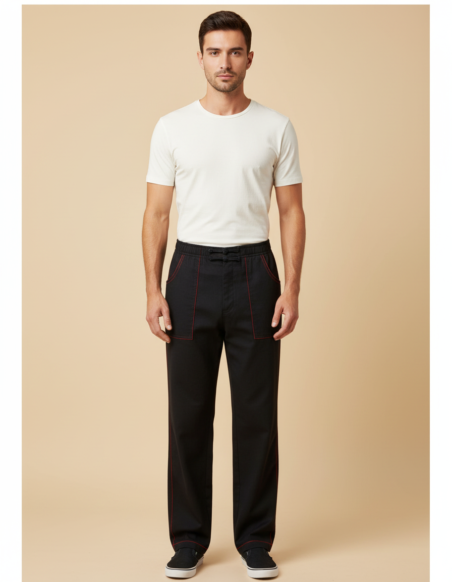 Pantalon Chinois Noir Ample Coutures Rouges Homme - Gabardine