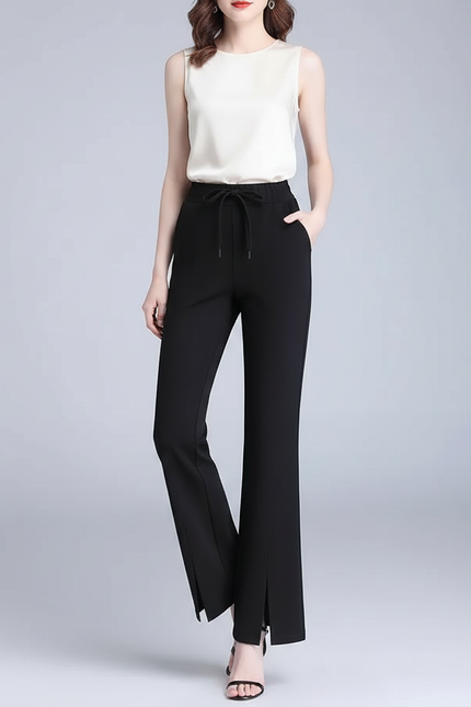 Pantalon Chinois Noir Fluide Fendu Élégant - Polyester