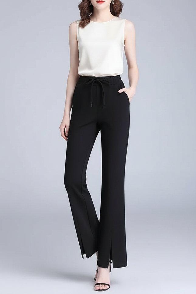 Pantalon Chinois Noir Fluide Fendu Élégant - Polyester