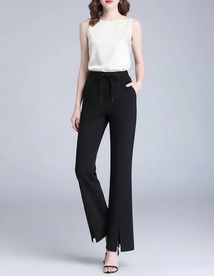 Pantalon Chinois Noir Fluide Fendu Élégant - Polyester