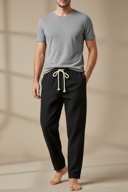 Pantalon Chinois Noir Coton Lin Ample Décontracté Homme