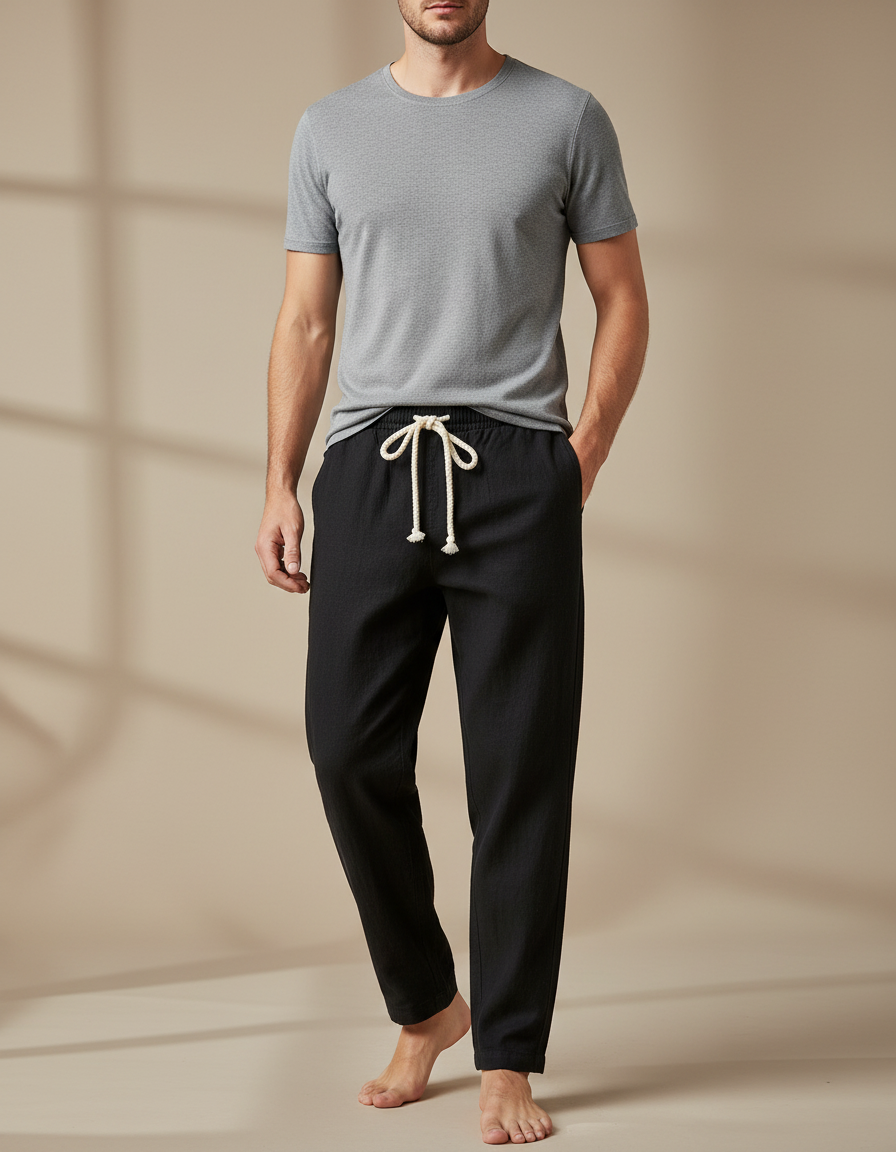 Pantalon Chinois Noir Coton Lin Ample Décontracté Homme