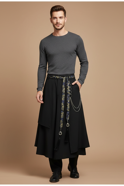 Pantalon Chinois Noir Ample Ceinture Motifs Élégant - Polyester