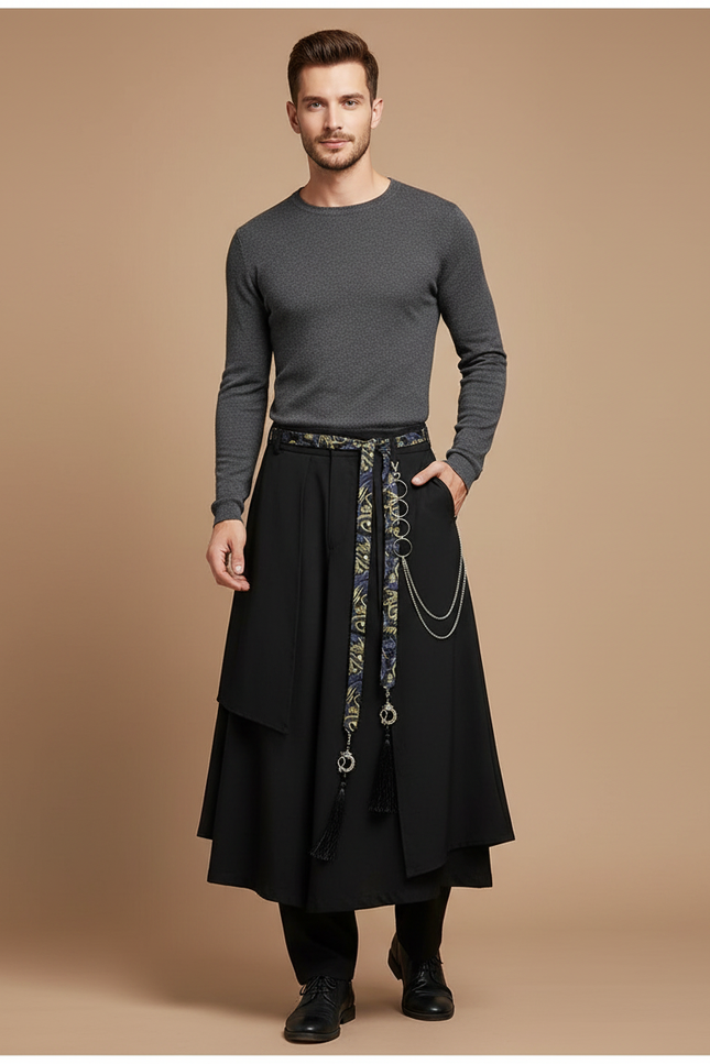 Pantalon Chinois Noir Ample Ceinture Motifs Élégant - Polyester