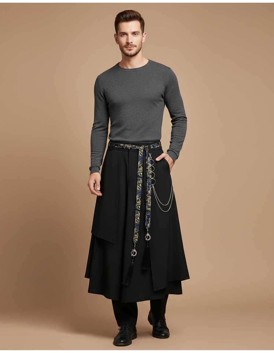 Pantalon Chinois Noir Ample Ceinture Motifs Élégant - Polyester