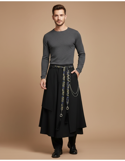 Pantalon Chinois Noir Ample Ceinture Motifs Élégant - Polyester