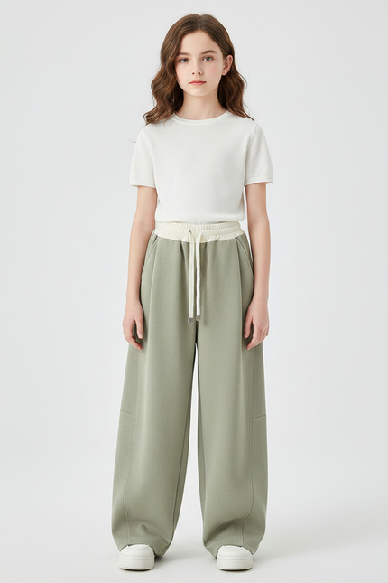 Pantalon Chinois Vert Sauge Ample Cordon Décontracté - Molleton