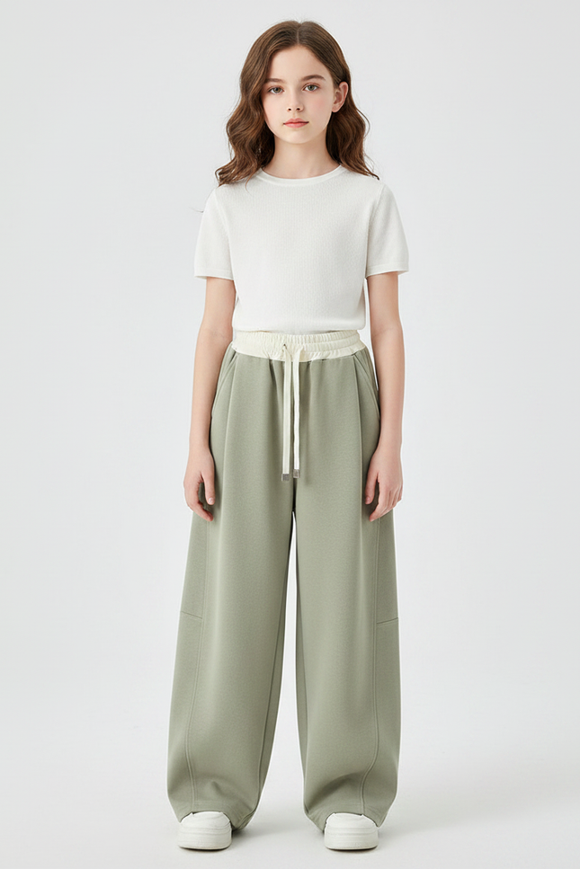 Pantalon Chinois Vert Sauge Ample Cordon Décontracté - Molleton