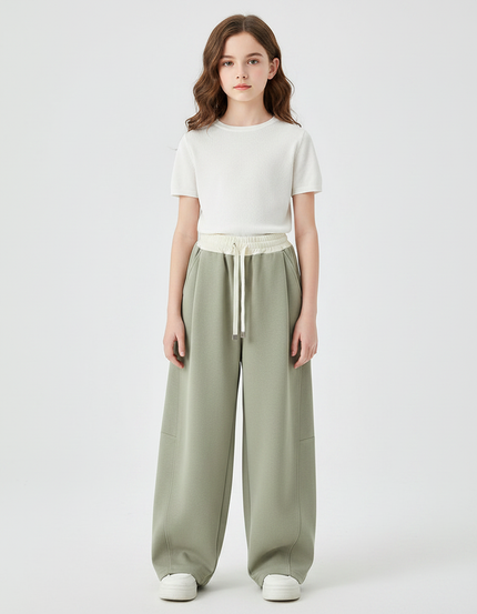 Pantalon Chinois Vert Sauge Ample Cordon Décontracté - Molleton