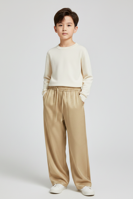 Pantalon Chinois Doré Satiné Ample Fluide Décontracté Enfant