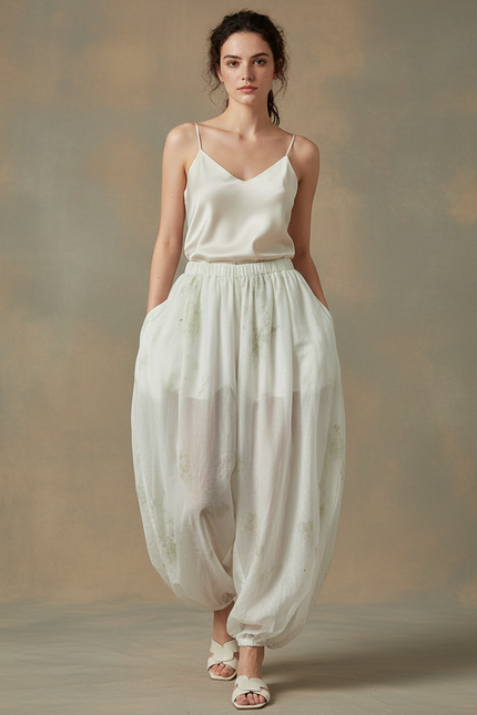 Pantalon Chinois Blanc Fluide Ample Transparent Imprimé - Soie