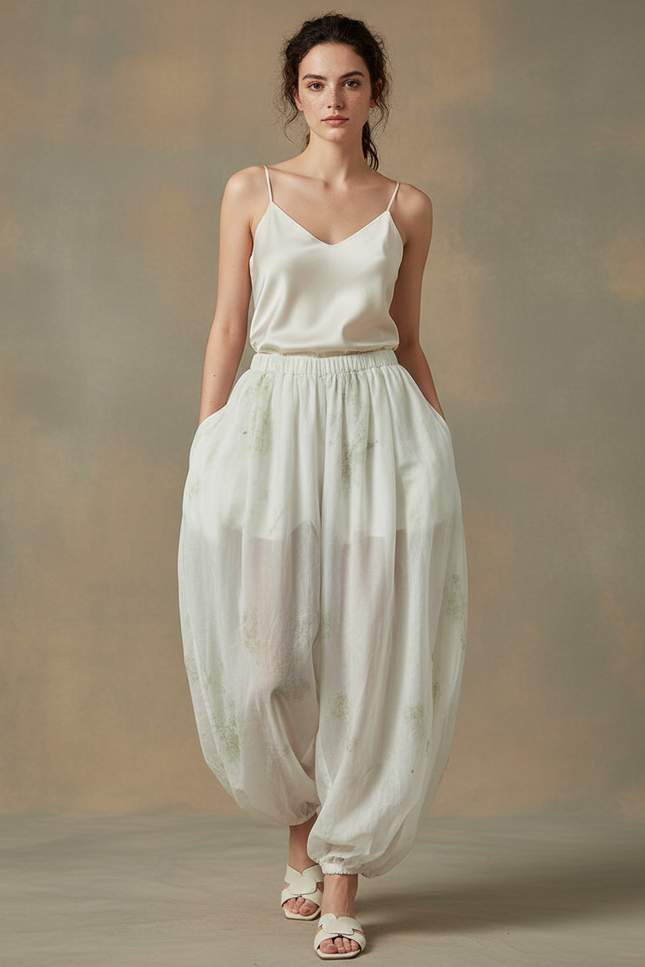 Pantalon Chinois Blanc Fluide Ample Transparent Imprimé - Soie