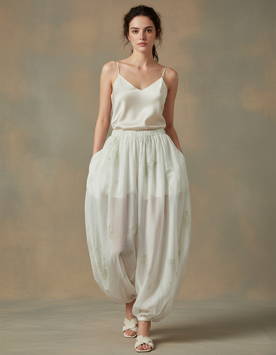 Pantalon Chinois Blanc Fluide Ample Transparent Imprimé - Soie