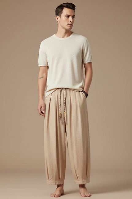 Pantalon Chinois Beige Lin Ample Harem Décontracté