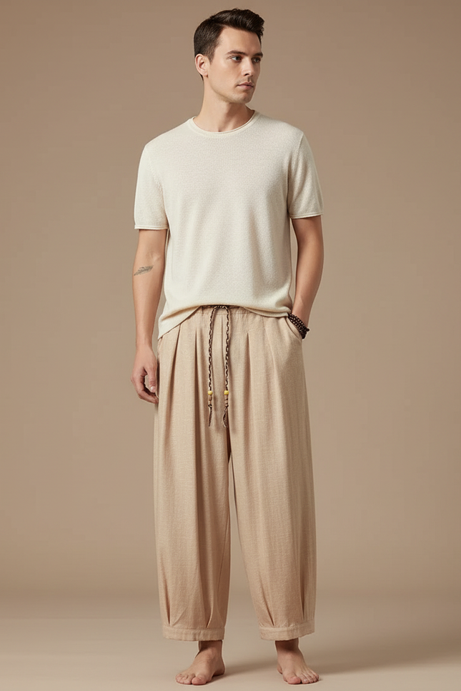 Pantalon Chinois Beige Lin Ample Harem Décontracté