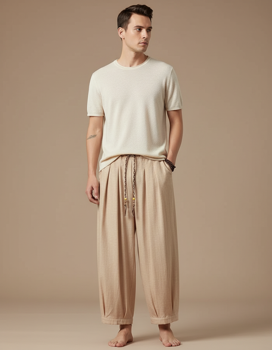 Pantalon Chinois Beige Lin Ample Harem Décontracté