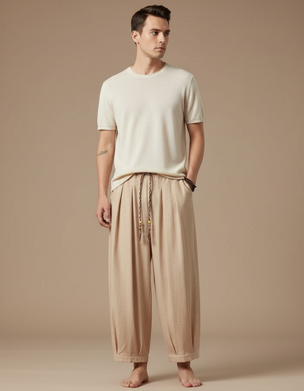 Pantalon Chinois Beige Lin Ample Harem Décontracté