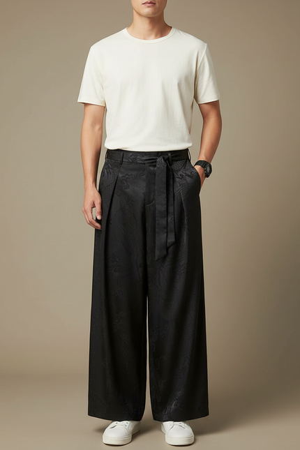 Pantalon Chinois Noir Ample Jacquard Fluide Élégant - Satin