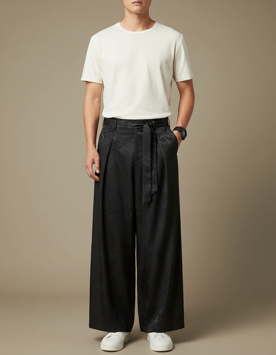 Pantalon Chinois Noir Ample Jacquard Fluide Élégant - Satin
