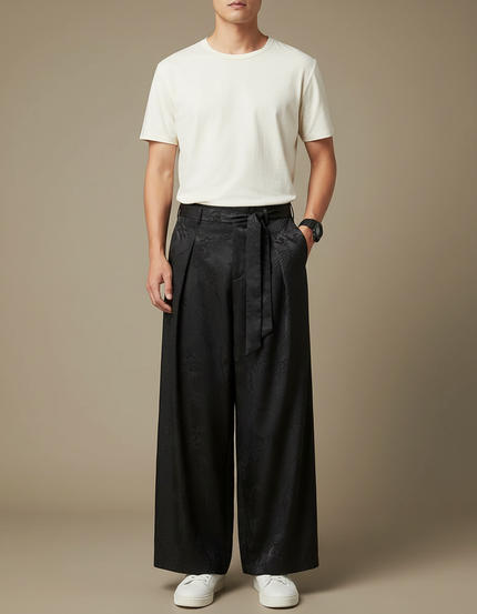 Pantalon Chinois Noir Ample Jacquard Fluide Élégant - Satin