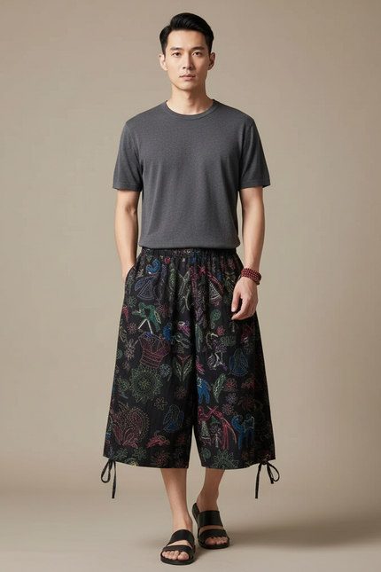 Pantalon Chinois Noir Ample Brodé Ethnique Décontracté Homme - Coton