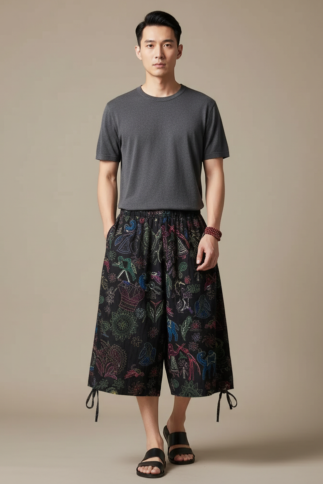 Pantalon Chinois Noir Ample Brodé Ethnique Décontracté Homme - Coton