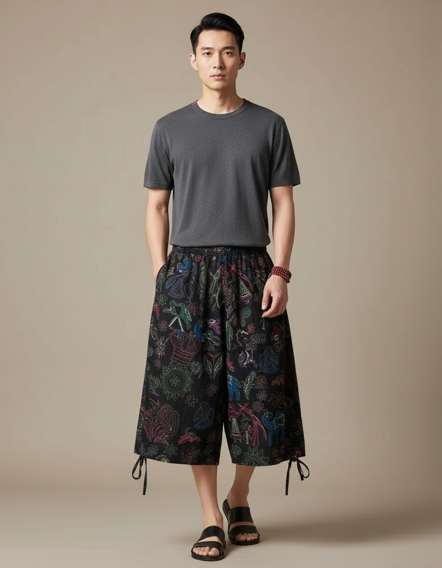 Pantalon Chinois Noir Ample Brodé Ethnique Décontracté Homme - Coton