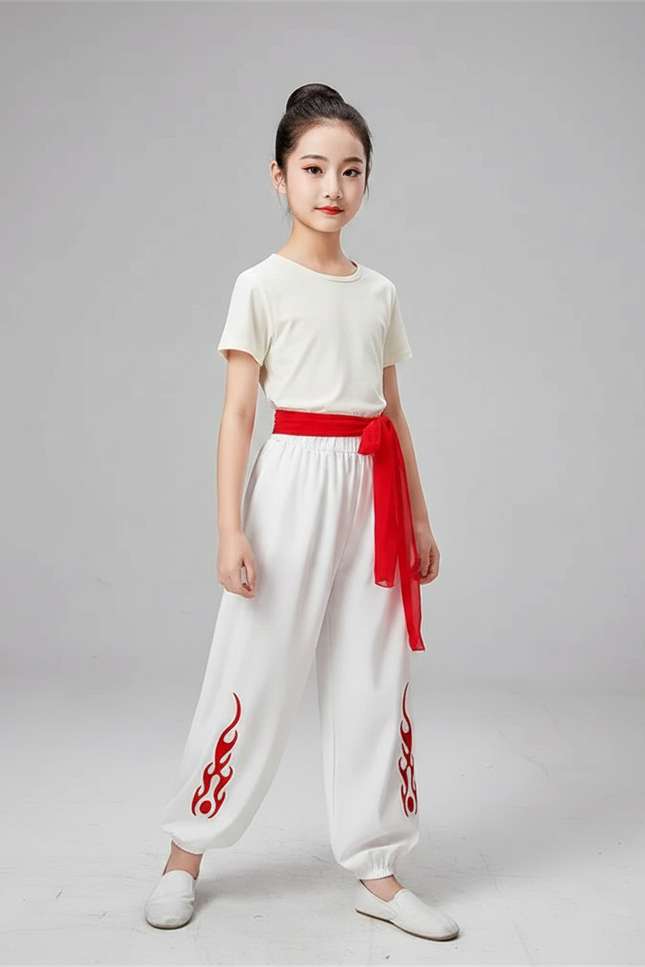 Pantalon Chinois Blanc Ample Motifs Flammes Rouges - Polyester