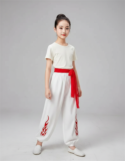 Pantalon Chinois Blanc Ample Motifs Flammes Rouges - Polyester