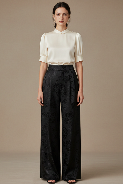 Pantalon Chinois Jacquard Noir Ample Élégant Femme - Satin