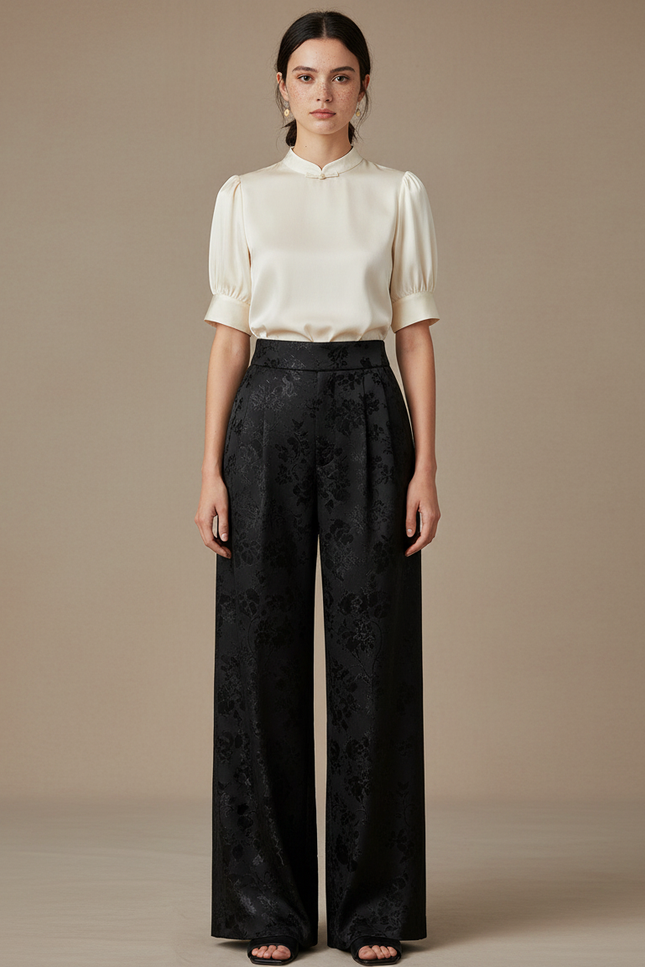 Pantalon Chinois Jacquard Noir Ample Élégant Femme - Satin