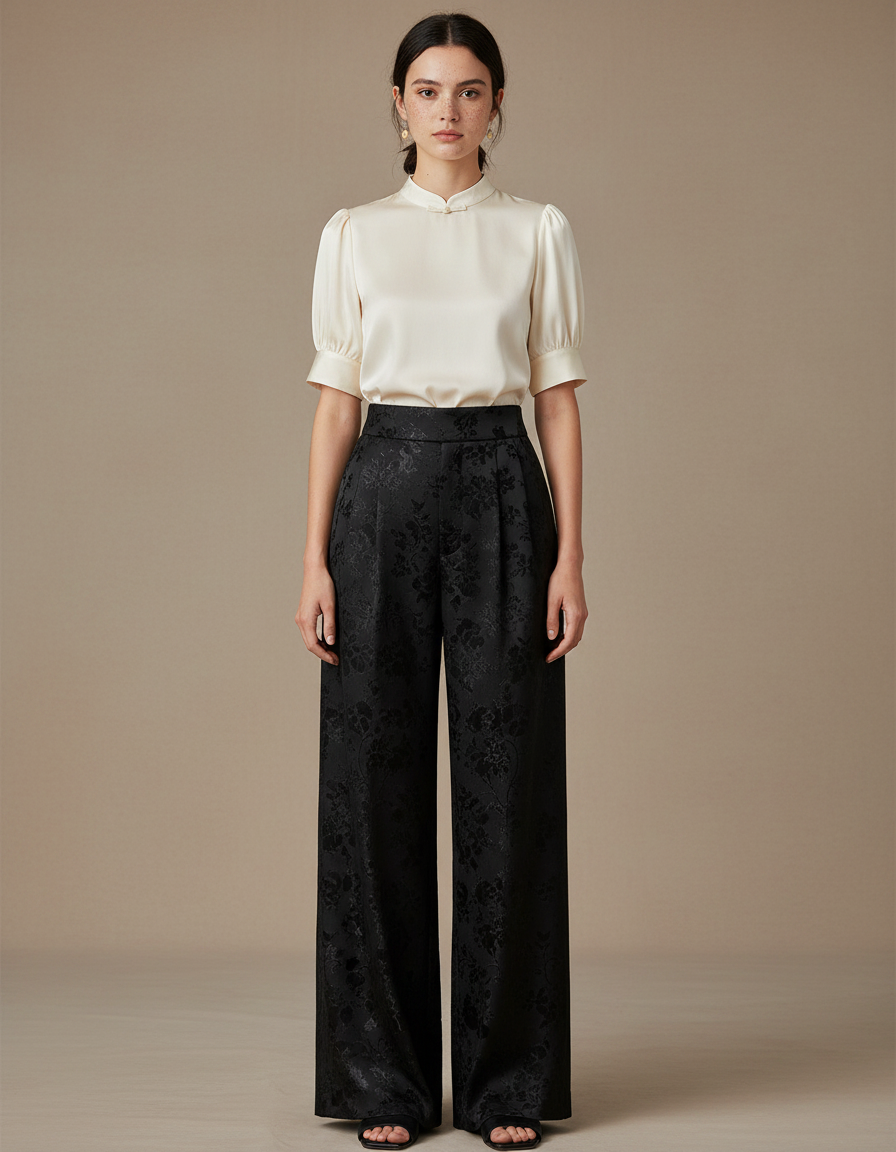 Pantalon Chinois Jacquard Noir Ample Élégant Femme - Satin