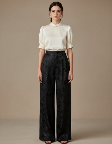 Pantalon Chinois Jacquard Noir Ample Élégant Femme - Satin