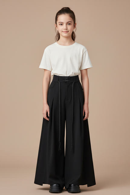 Pantalon Chinois Noir Ample Plissé Fille Moderne - Polyester