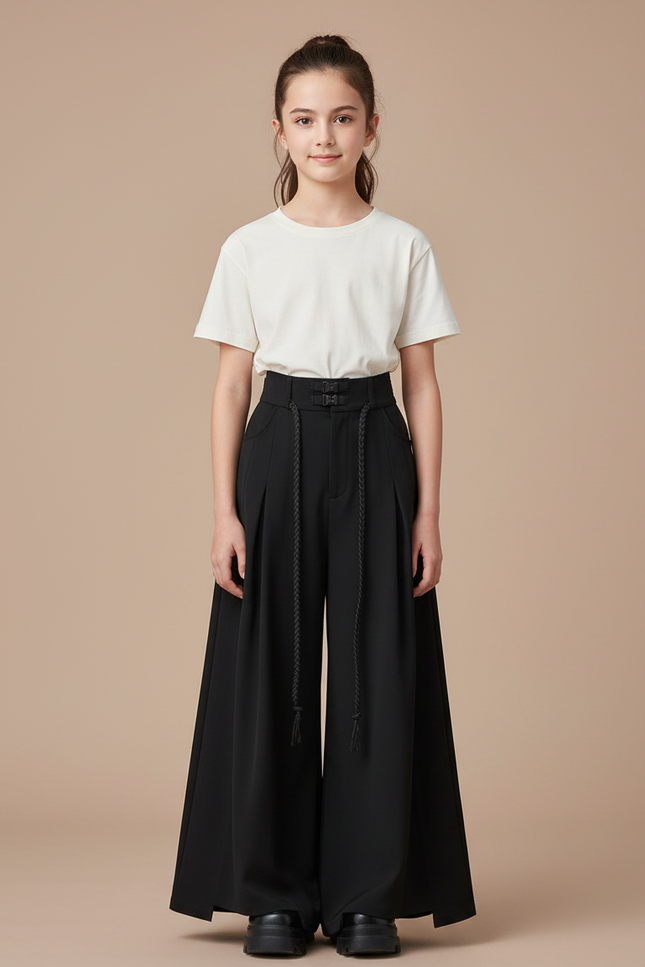 Pantalon Chinois Noir Ample Plissé Fille Moderne - Polyester