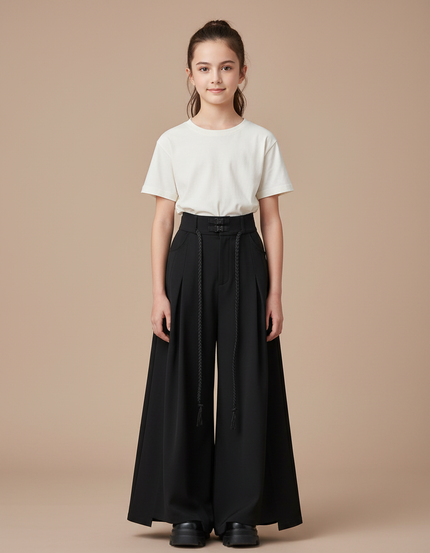 Pantalon Chinois Noir Ample Plissé Fille Moderne - Polyester