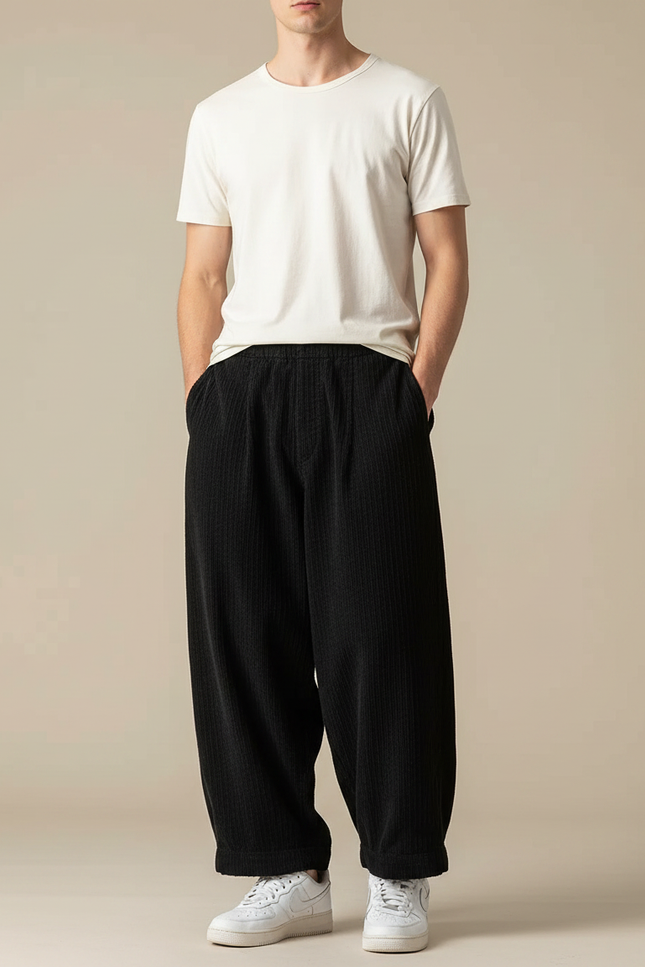 Pantalon Chinois Côtelé Noir Ample Décontracté Homme - Cordé