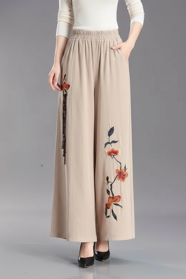 Pantalon Chinois Beige Brodé Ample Fluide Femme - Lin