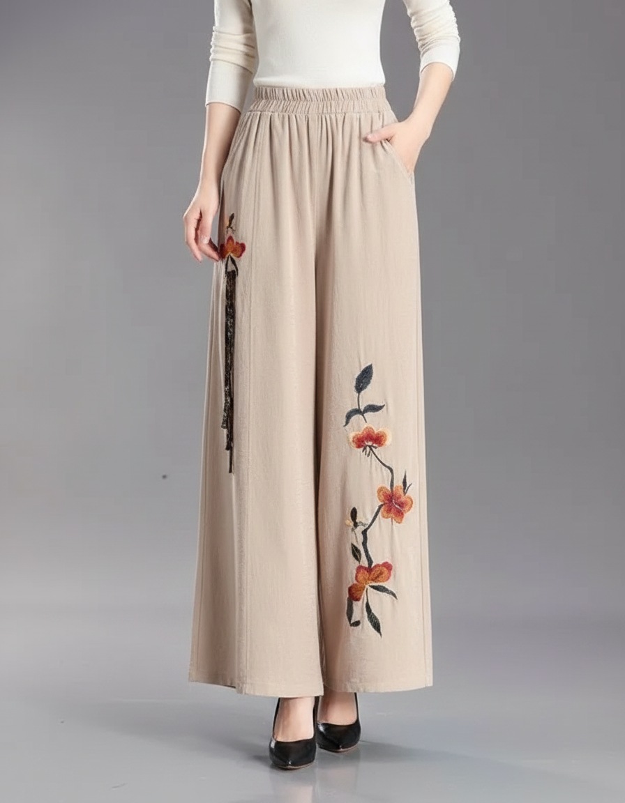 Pantalon Chinois Beige Brodé Ample Fluide Femme - Lin