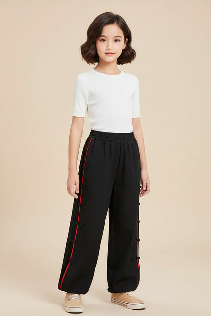 Pantalon Chinois Noir Ample Boutons Rouges Enfant - Molleton