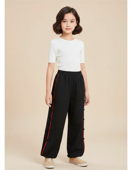 Pantalon Chinois Noir Ample Boutons Rouges Enfant - Molleton