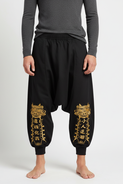 Pantalon Chinois Noir Ample Brodé Doré Sarouel Coton - Molleton