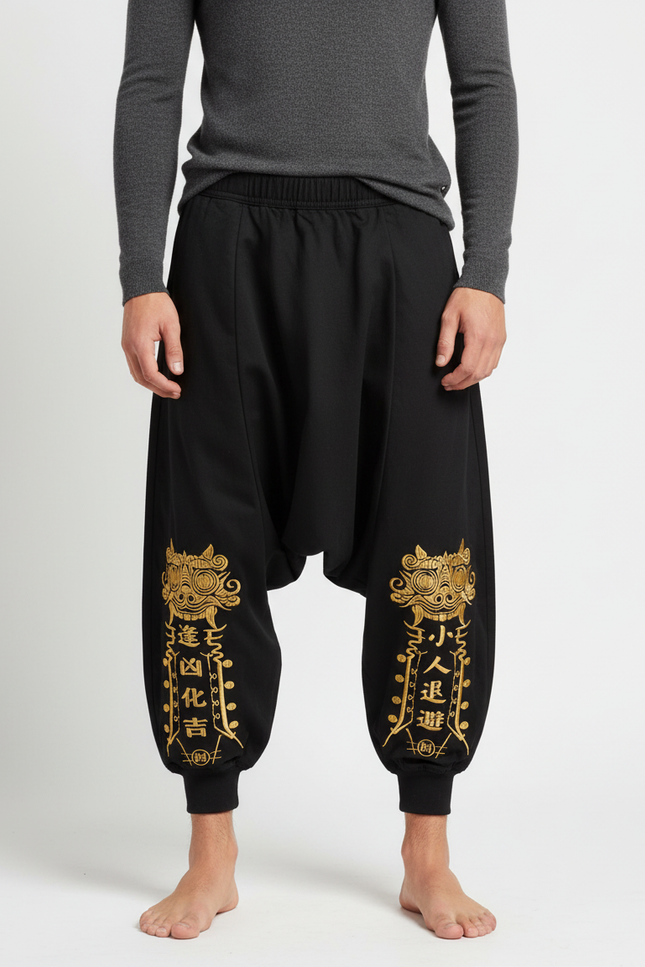 Pantalon Chinois Noir Ample Brodé Doré Sarouel Coton - Molleton