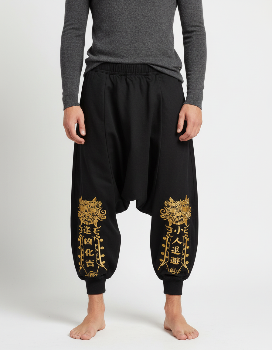 Pantalon Chinois Noir Ample Brodé Doré Sarouel Coton - Molleton